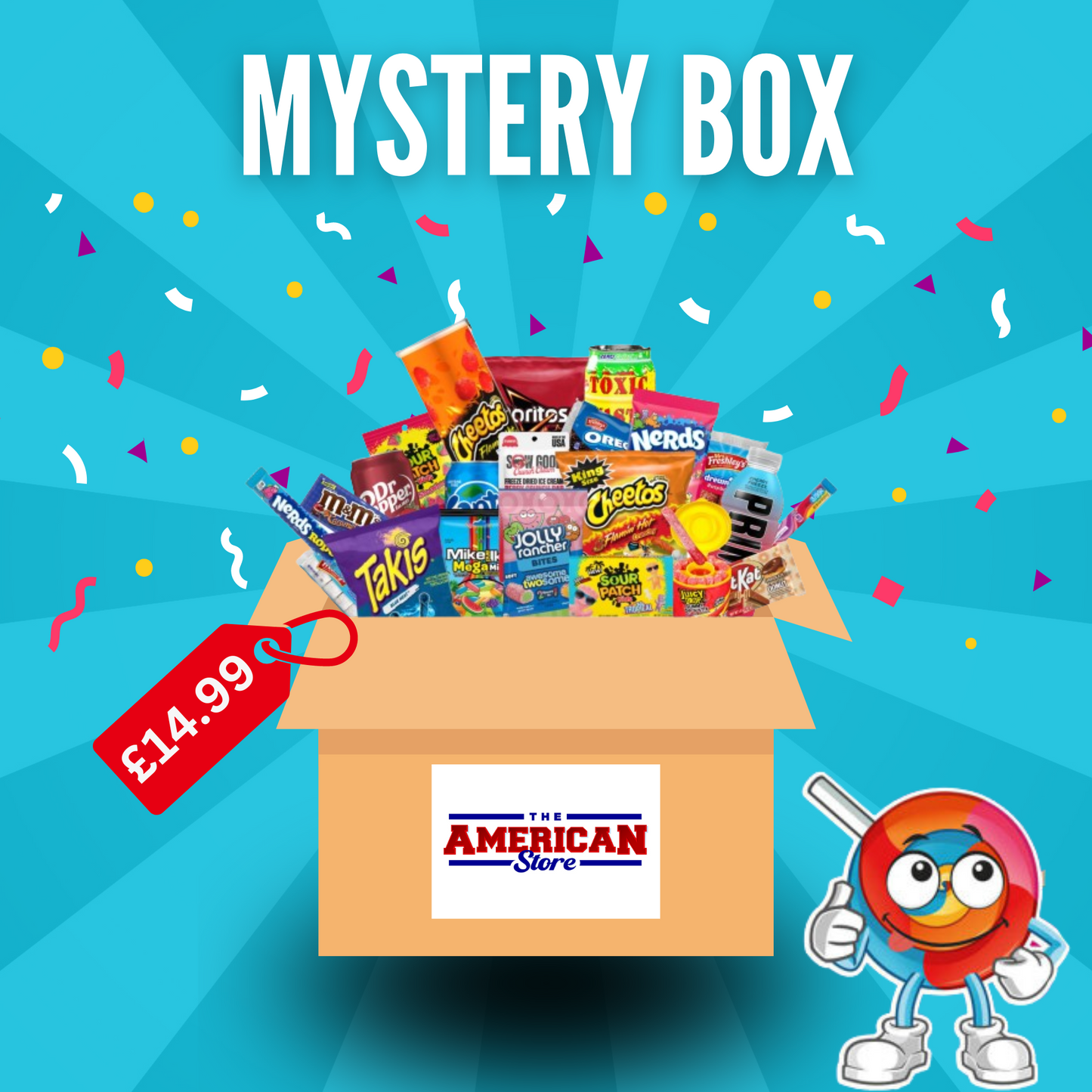 The American Store drinks, Snacks and Candy Mystery Box! CLOSE TO OR PAST BEST BEFORE DATE!