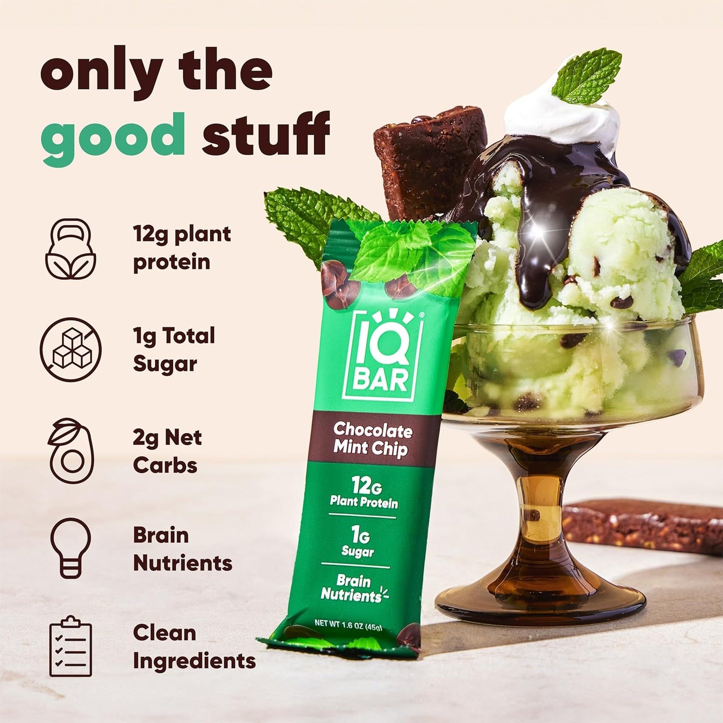 IQBAR Brain and Body Plant Protein Bars I Chocolate Mint Chip I Low Sugar Keto Energy Bar I 12g Protein