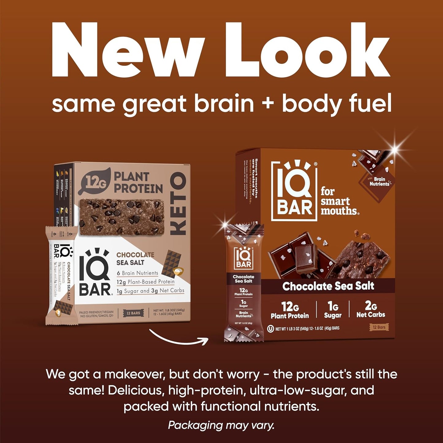 IQBAR Brain and Body Plant Protein Bars I Chocolate Sea Salt I Low Sugar Keto Energy Bar I 12g Protein