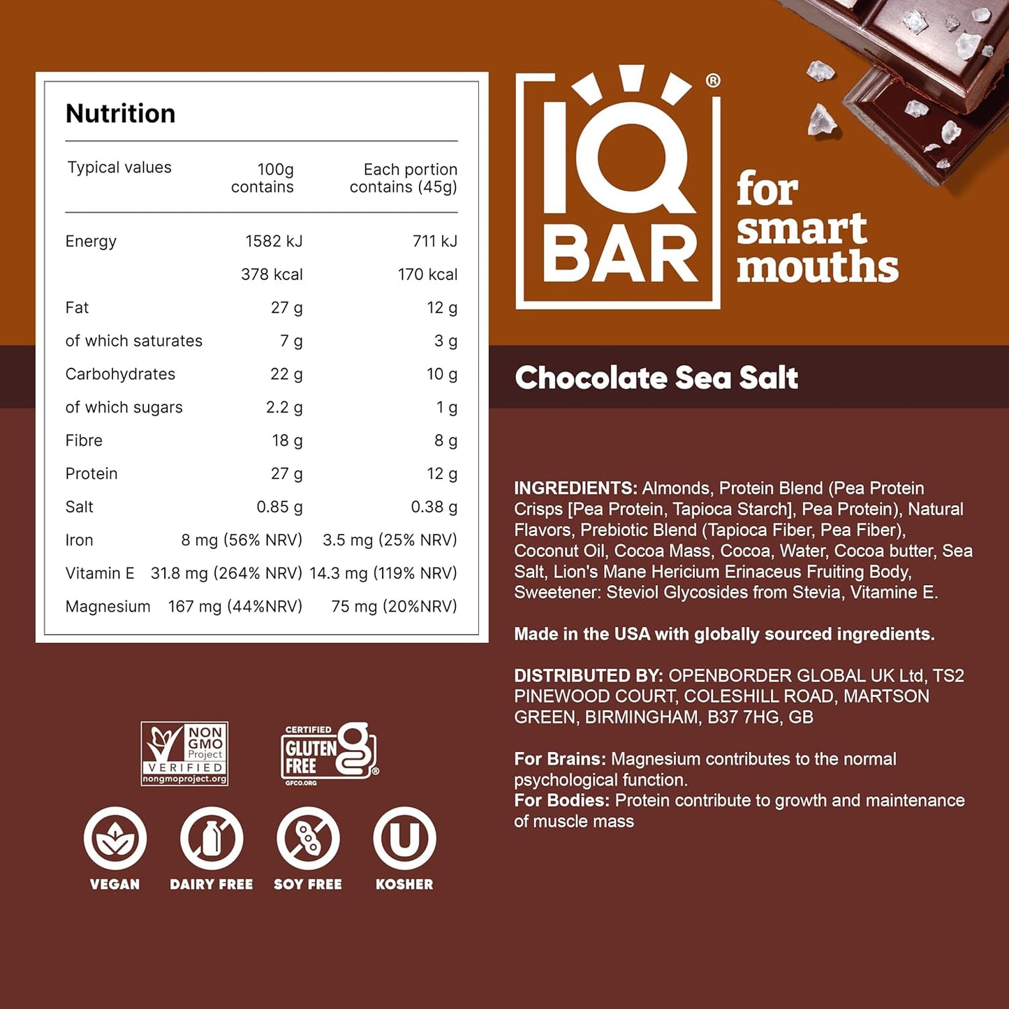 IQBAR Brain and Body Plant Protein Bars I Chocolate Sea Salt I Low Sugar Keto Energy Bar I 12g Protein