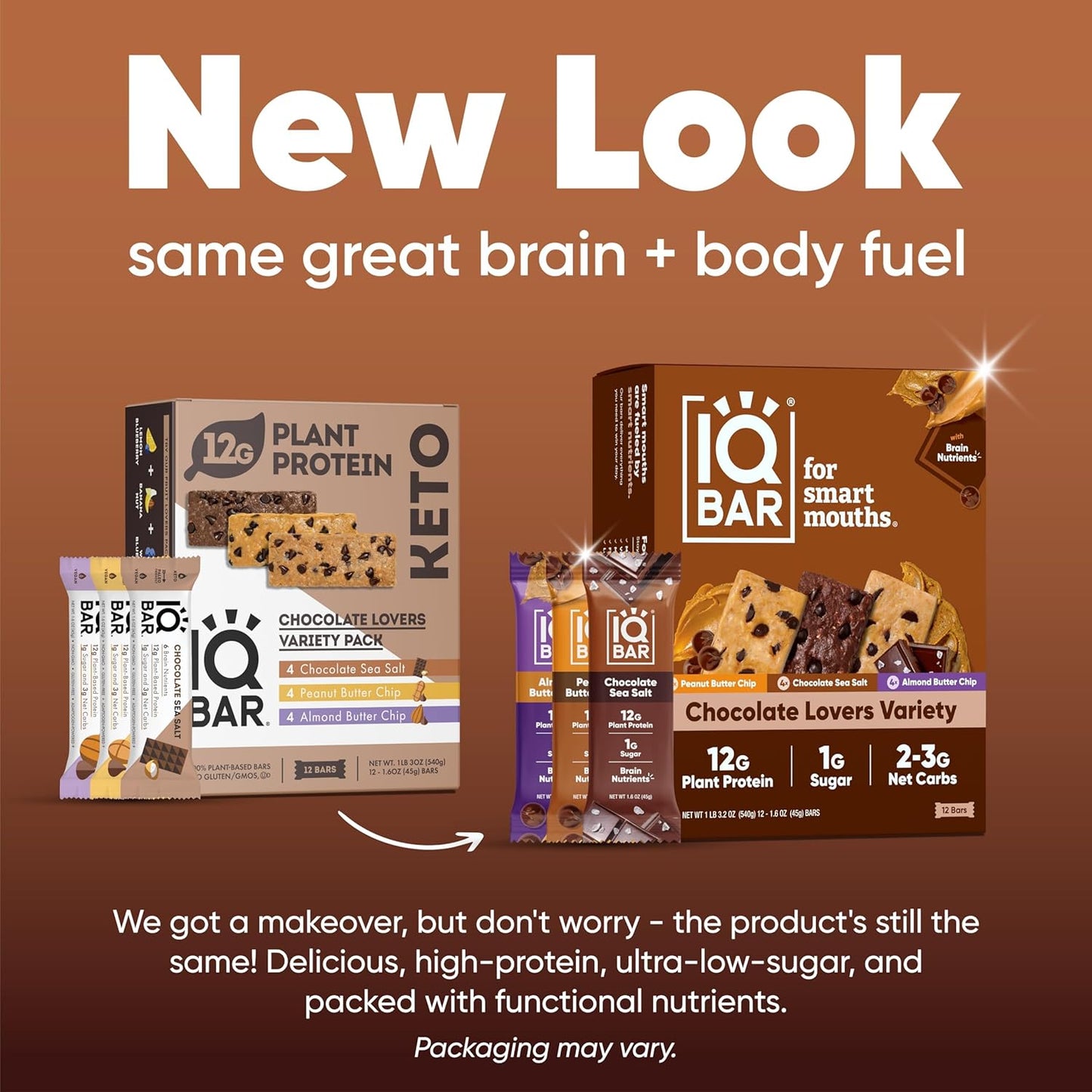 IQBAR Brain and Body Plant Protein Bars I Chocolate Lovers Variety Pack I Low Sugar Keto Energy Bar I 12g Protein