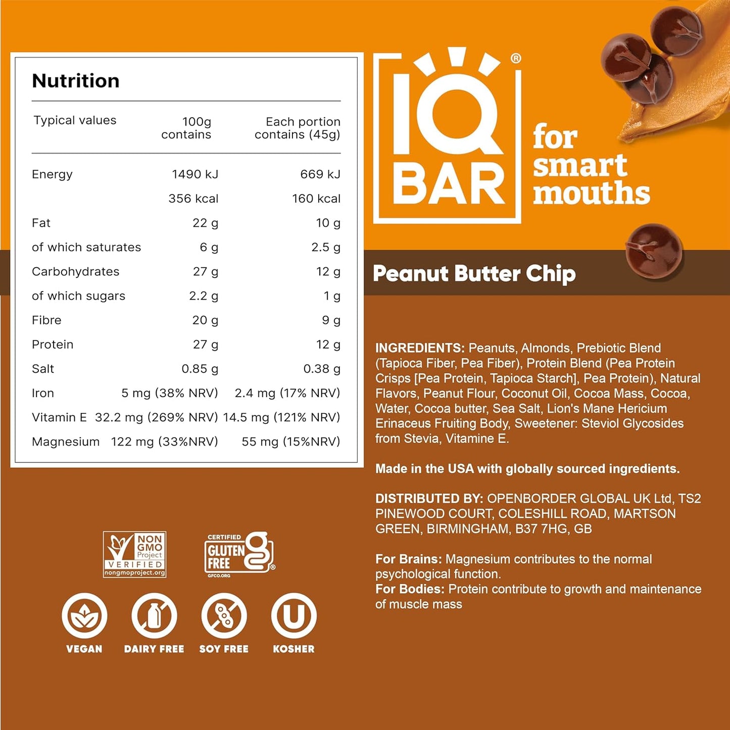 IQBAR Brain and Body Plant Protein Bars I Peanut Butter Chip I Low Sugar Keto Energy Bar I 12g Protein