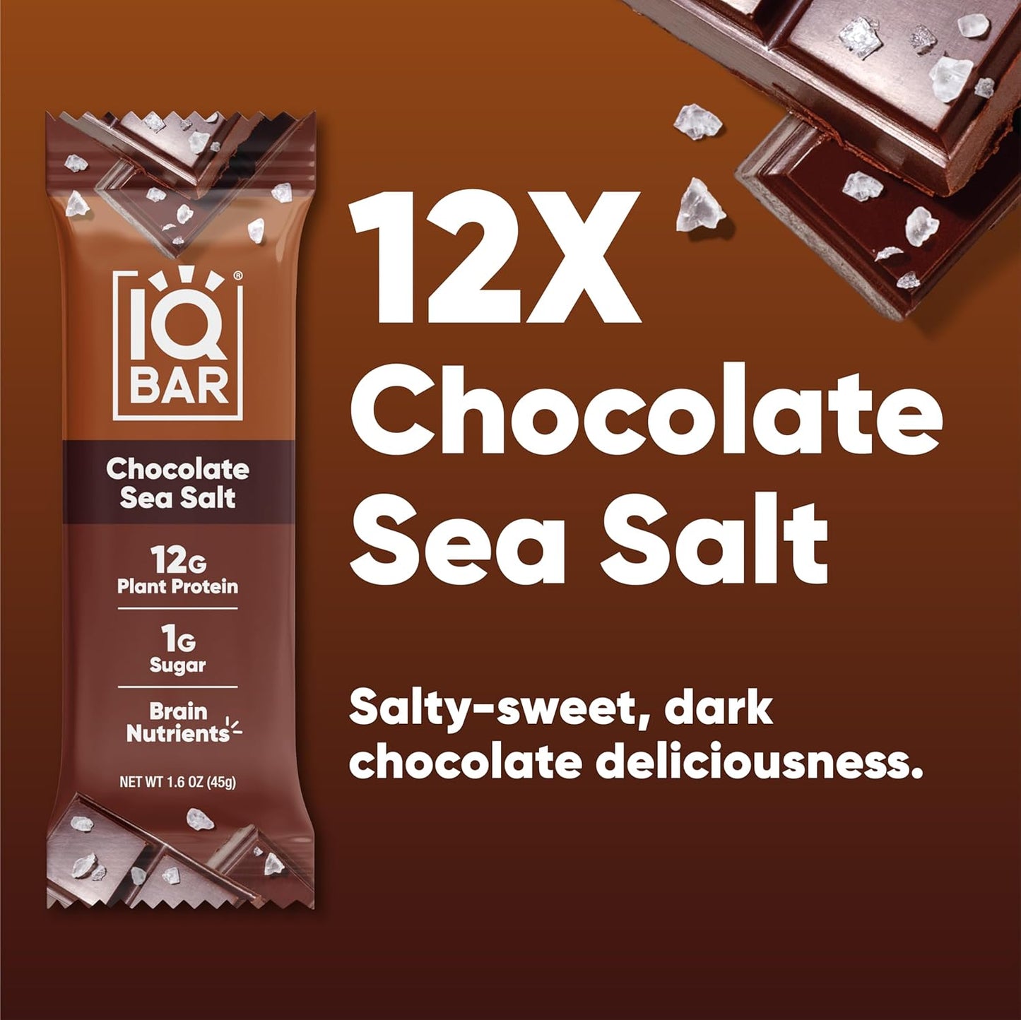 IQBAR Brain and Body Plant Protein Bars I Chocolate Sea Salt I Low Sugar Keto Energy Bar I 12g Protein