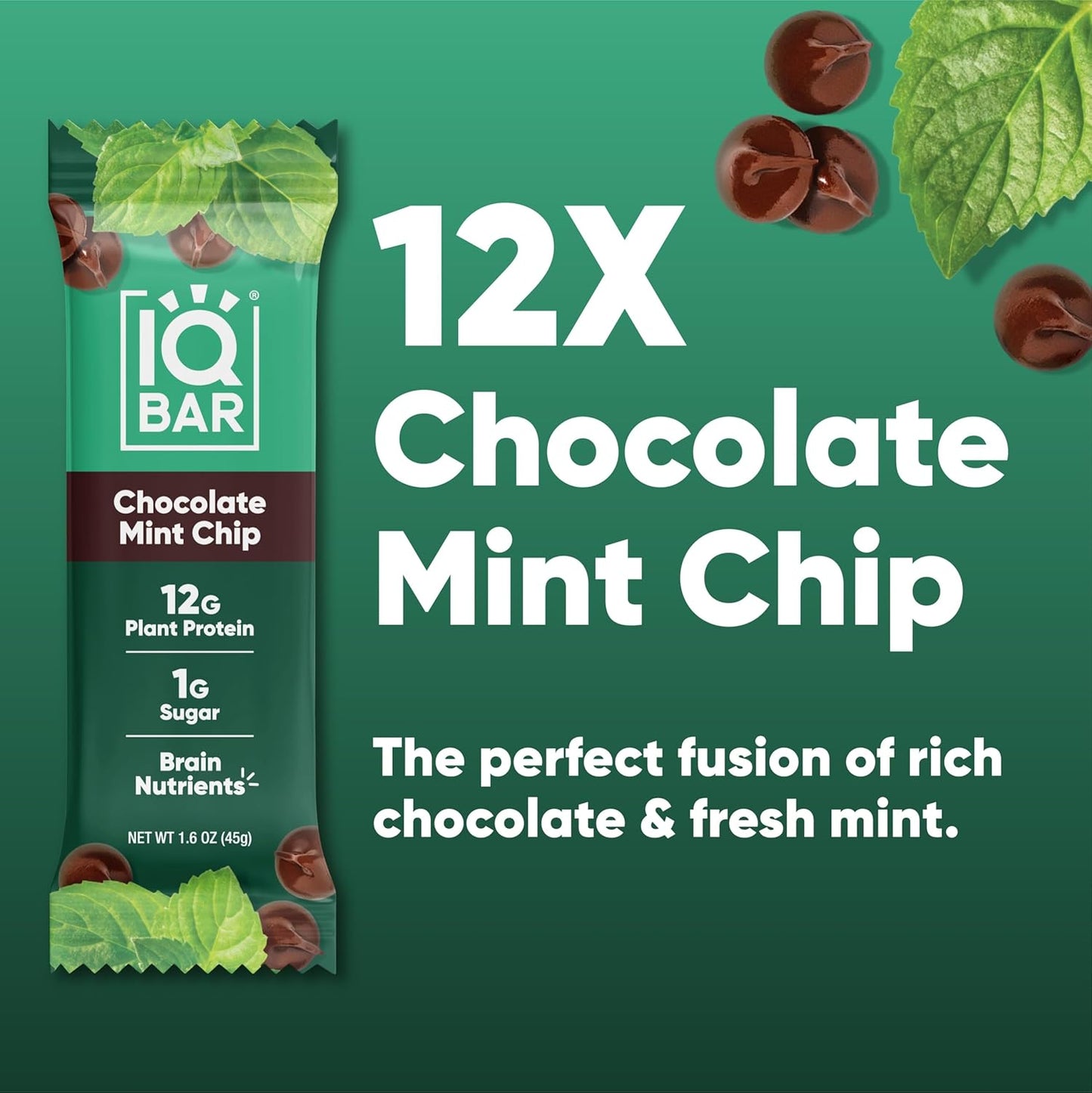 IQBAR Brain and Body Plant Protein Bars I Chocolate Mint Chip I Low Sugar Keto Energy Bar I 12g Protein