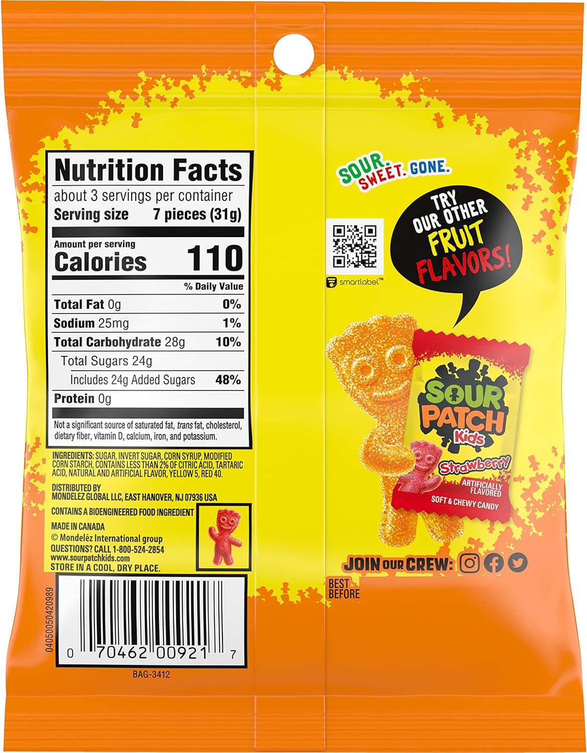 Sour Patch Kids Peach Peg Bag 3.56oz (101g)