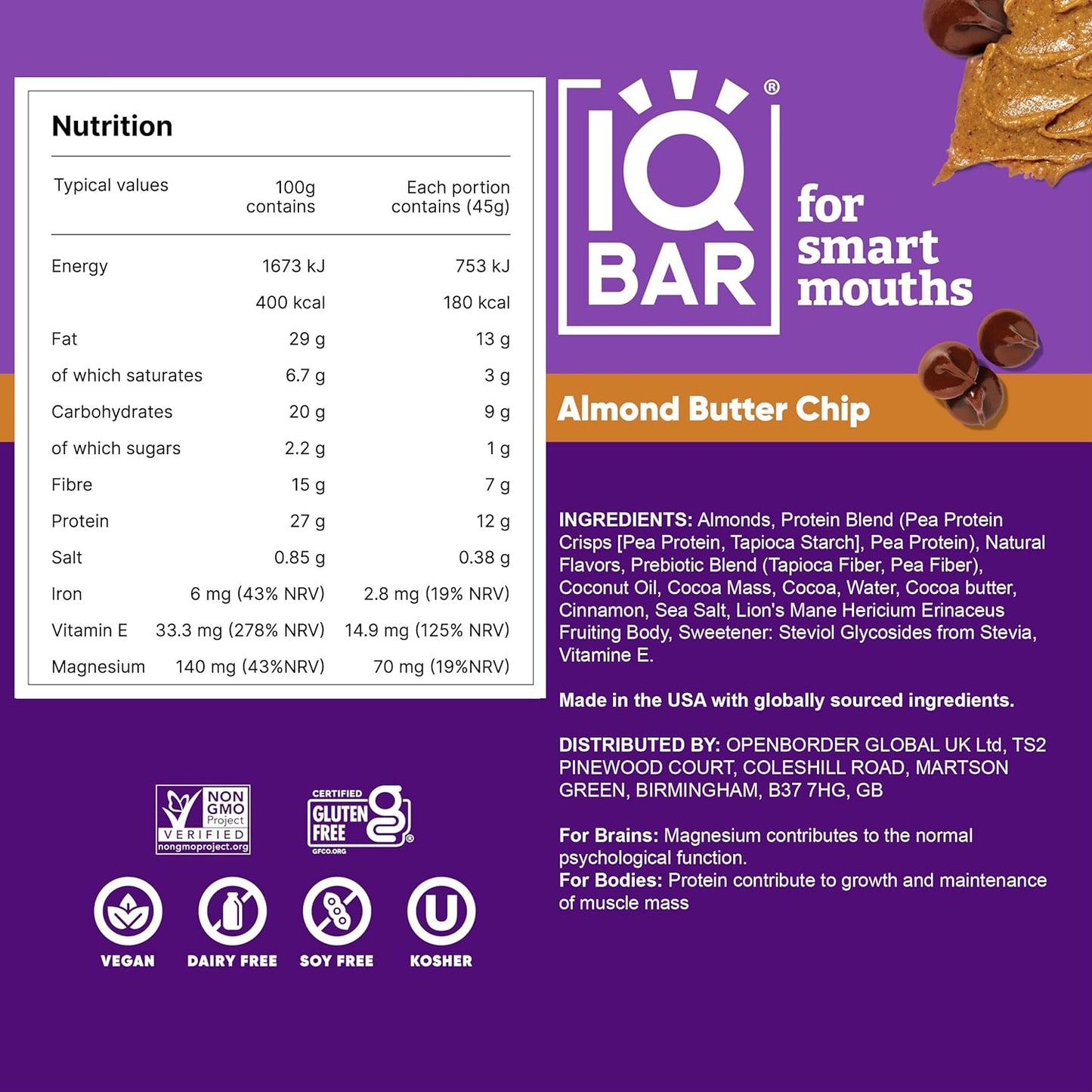 IQBAR Brain and Body Plant Protein Bars I Almond Butter Chip I Low Sugar Keto Energy Bar I 12g Protein