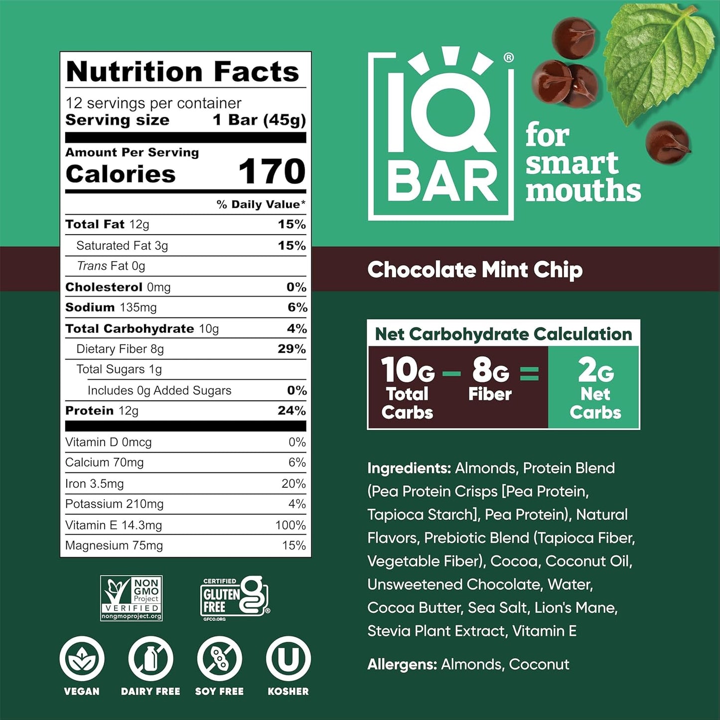 IQBAR Brain and Body Plant Protein Bars I Chocolate Mint Chip I Low Sugar Keto Energy Bar I 12g Protein