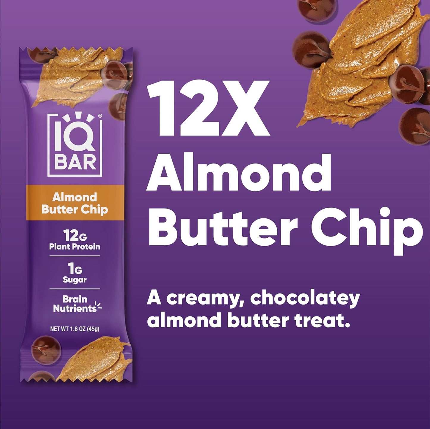 IQBAR Brain and Body Plant Protein Bars I Almond Butter Chip I Low Sugar Keto Energy Bar I 12g Protein