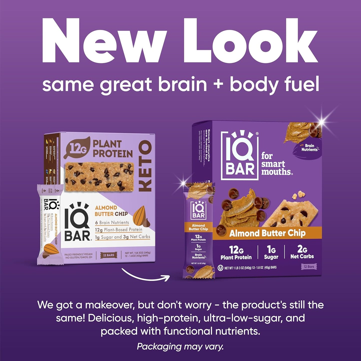 IQBAR Brain and Body Plant Protein Bars I Almond Butter Chip I Low Sugar Keto Energy Bar I 12g Protein