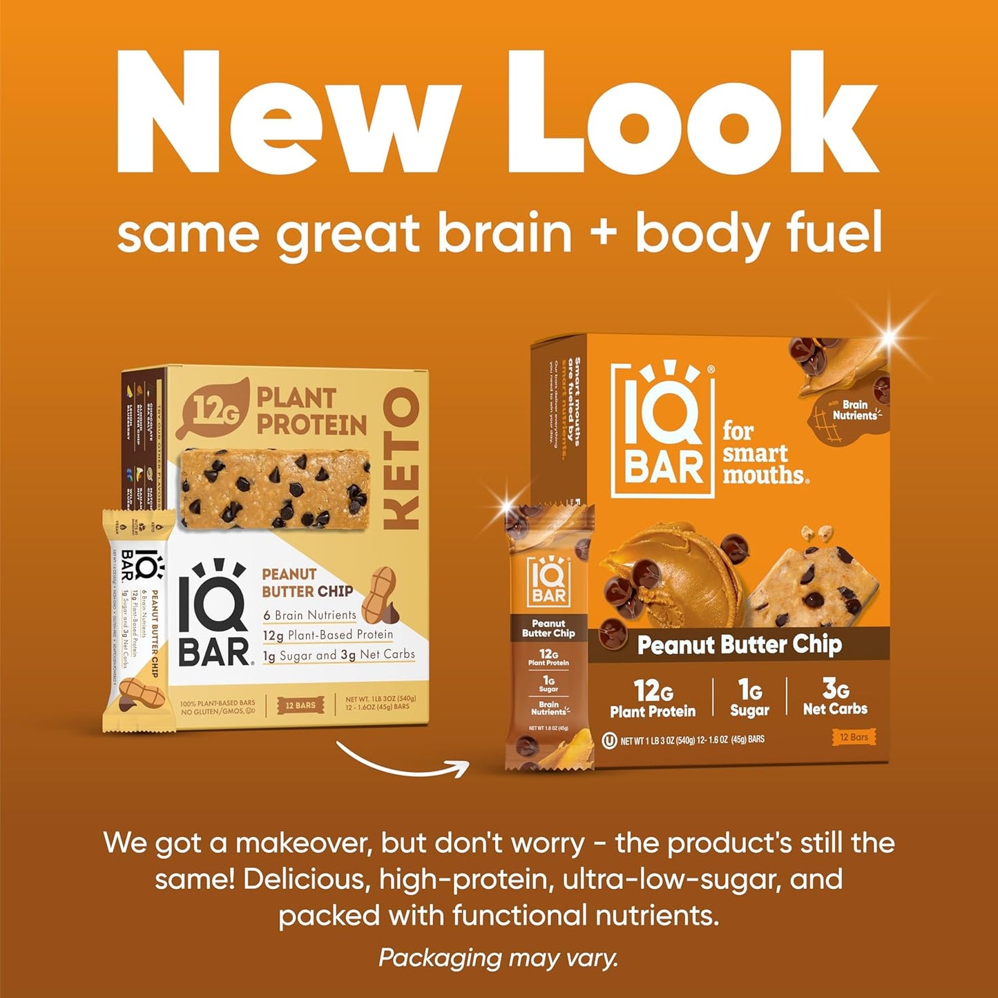 IQBAR Brain and Body Plant Protein Bars I Peanut Butter Chip I Low Sugar Keto Energy Bar I 12g Protein