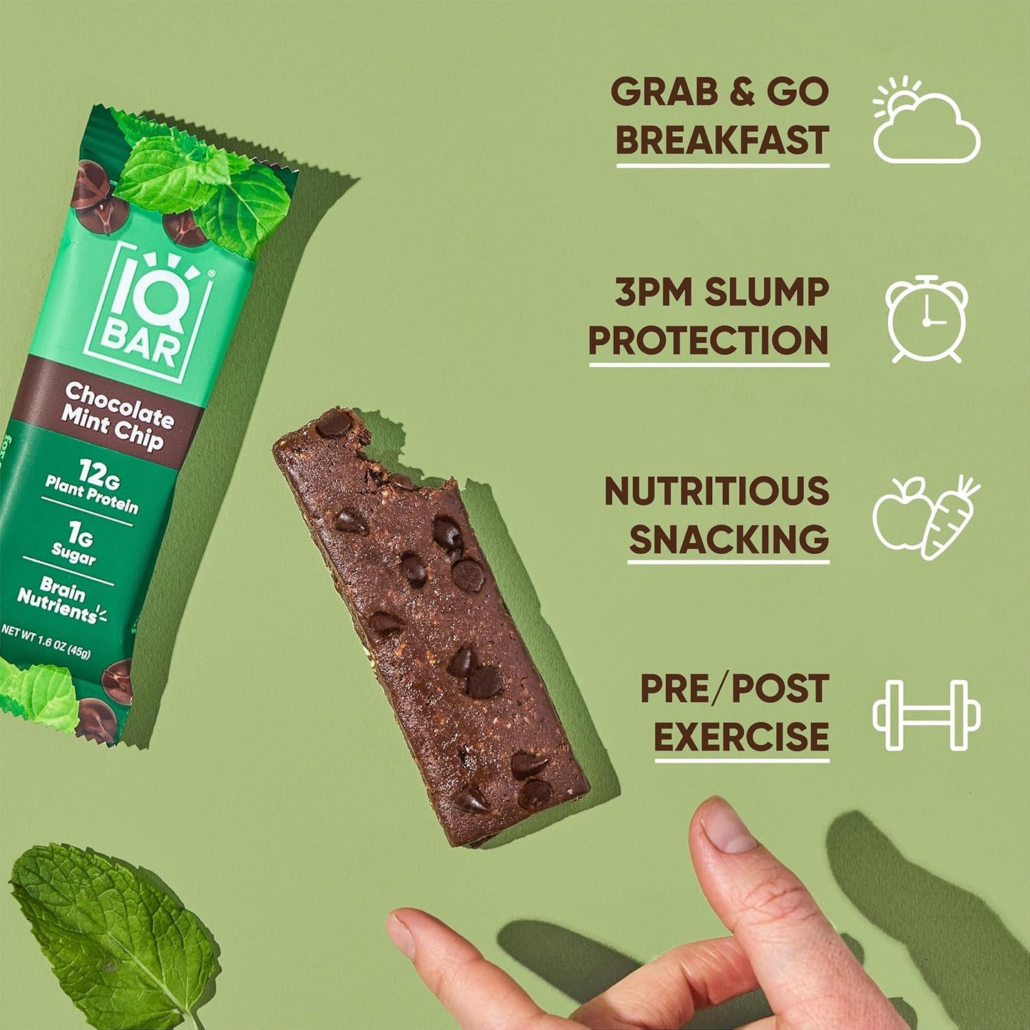 IQBAR Brain and Body Plant Protein Bars I Chocolate Mint Chip I Low Sugar Keto Energy Bar I 12g Protein