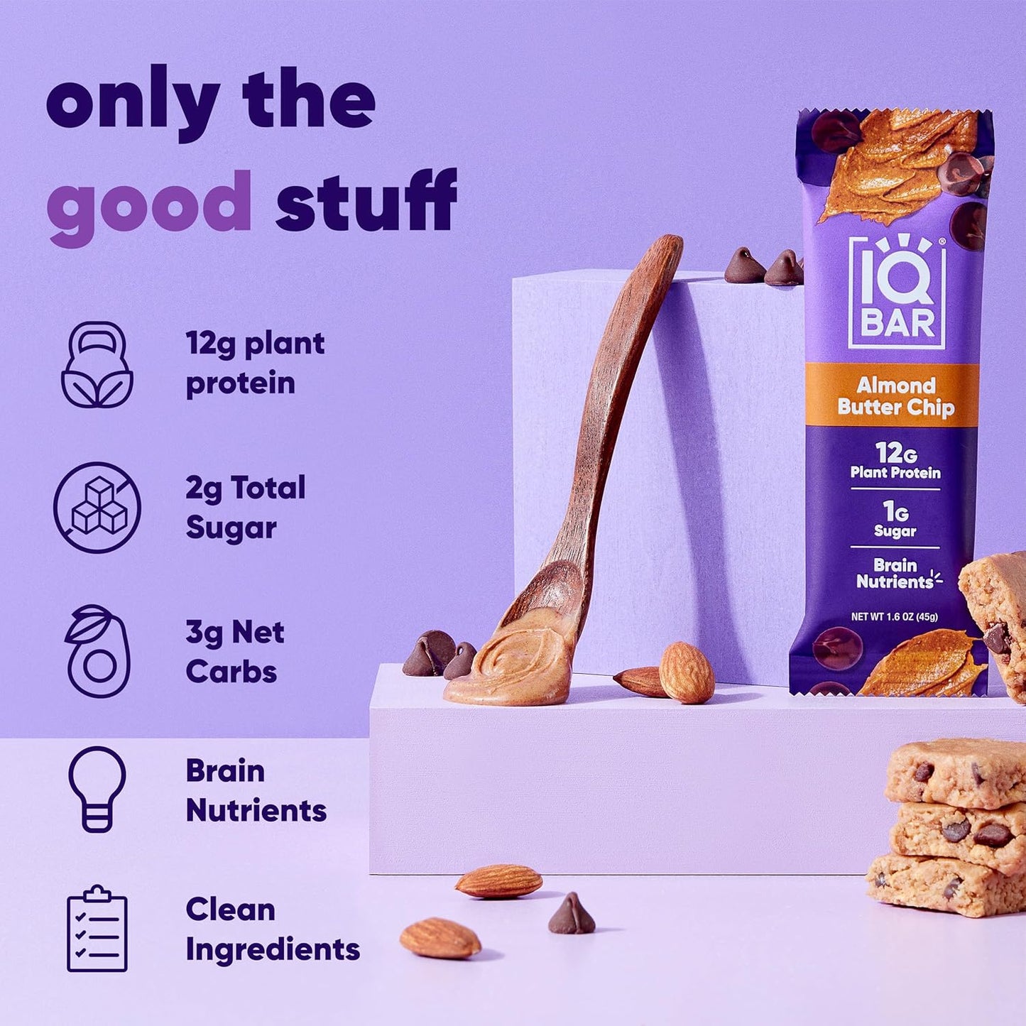 IQBAR Brain and Body Plant Protein Bars I Almond Butter Chip I Low Sugar Keto Energy Bar I 12g Protein