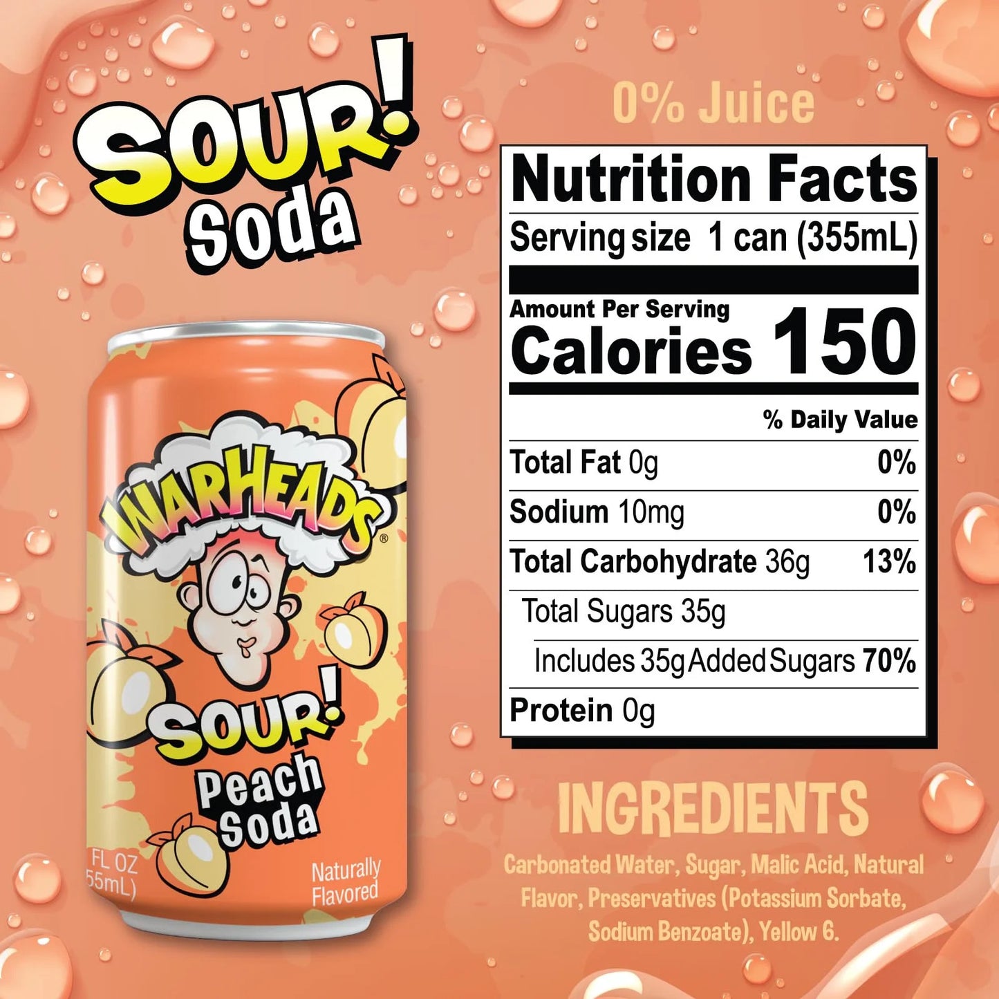 Warheads Peach Sour Soda 12oz (355ml)