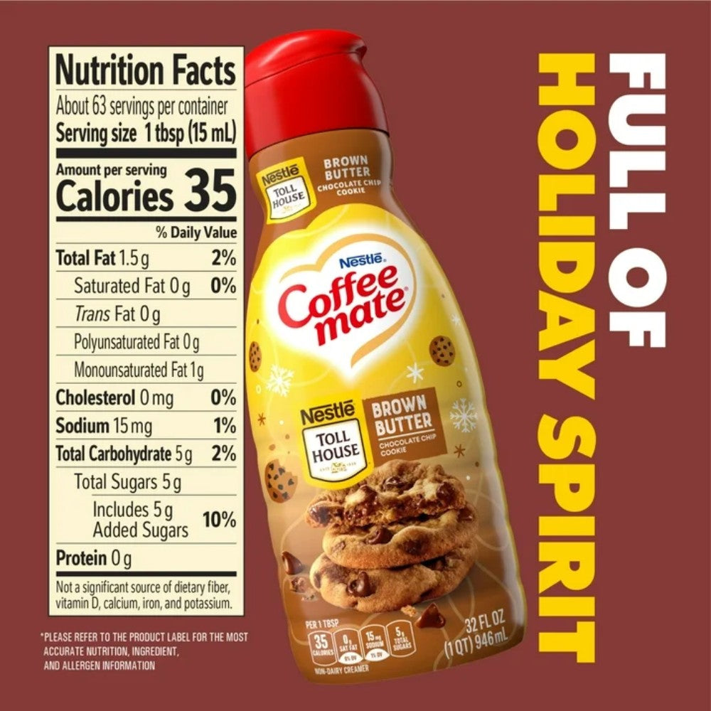 Coffee Mate Brown Butter Chocolate Chip Cookie Liquid Non-Dairy Coffee Creamer 32oz (946ml)