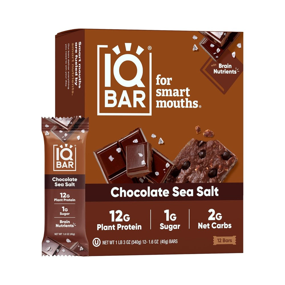 IQBAR Brain and Body Plant Protein Bars I Chocolate Sea Salt I Low Sugar Keto Energy Bar I 12g Protein