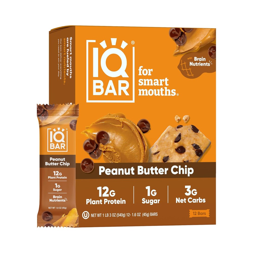 IQBAR Brain and Body Plant Protein Bars I Peanut Butter Chip I Low Sugar Keto Energy Bar I 12g Protein