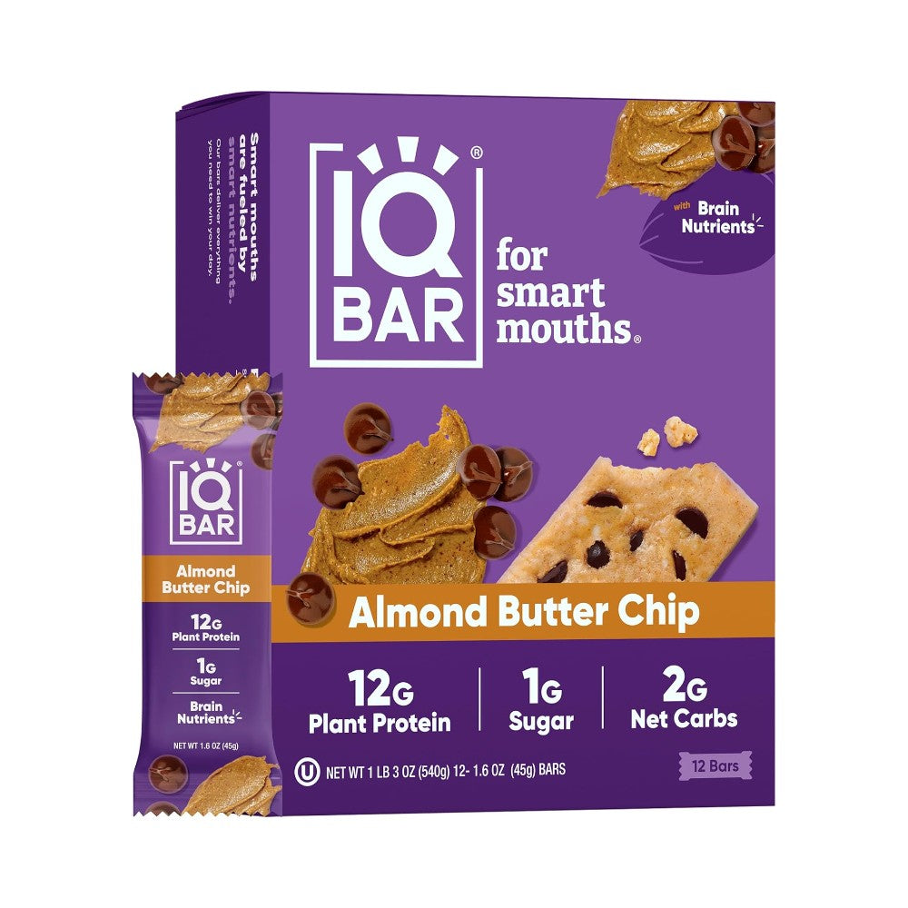 IQBAR Brain and Body Plant Protein Bars I Almond Butter Chip I Low Sugar Keto Energy Bar I 12g Protein