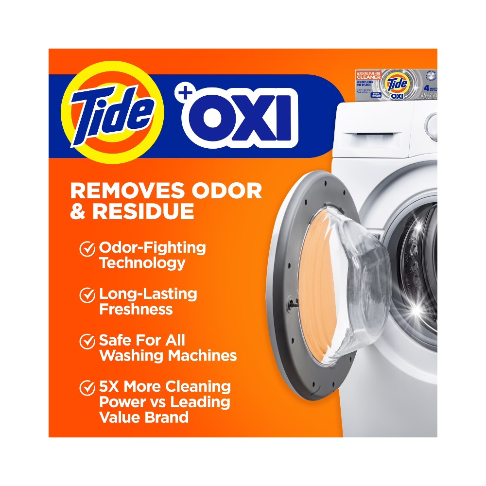Tide Washing Machine Cleaner with Oxi Powder, Odor Eliminator and Washer Residue Remover 4 Count