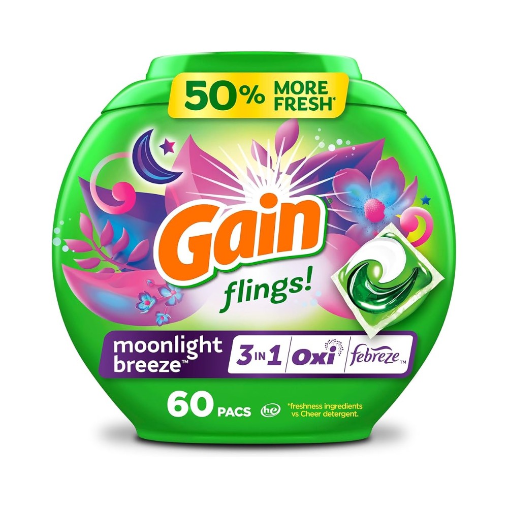 Gain Flings Laundry Detergent Soap Pacs, 3-in-1 Oxi Boost and Febreze, Moonlight Breeze Scent, 60 Count