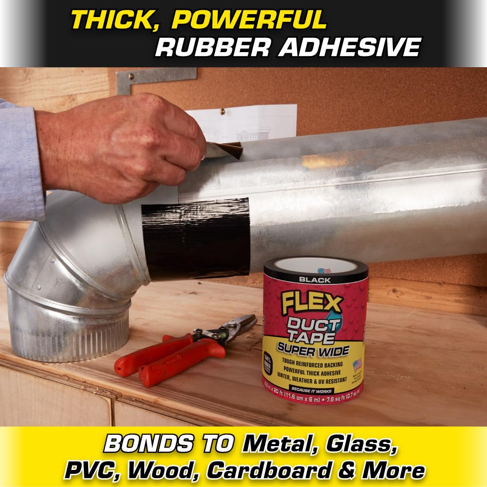 Flex Duct Tape, Super Wide, 4.6 Inches x 20 Feet, Black, Heavy Duty Strong, Multi-Surface Tape