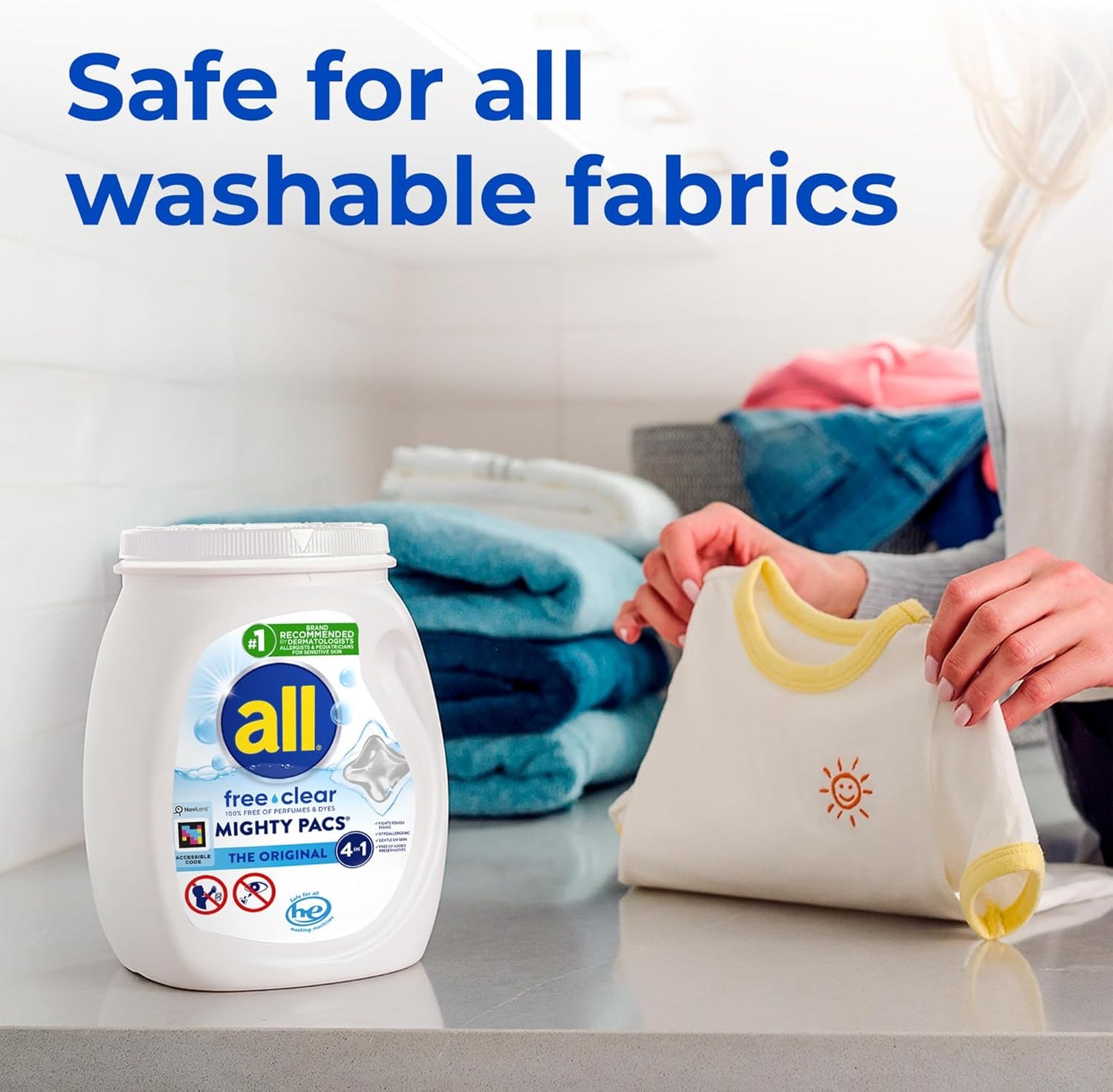 All Mighty Pacs Laundry Detergent, Free Clear for Sensitive Skin, Tub, 60's 1.12kg