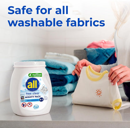 All Mighty Pacs Laundry Detergent, Free Clear for Sensitive Skin, Tub, 60's 1.12kg