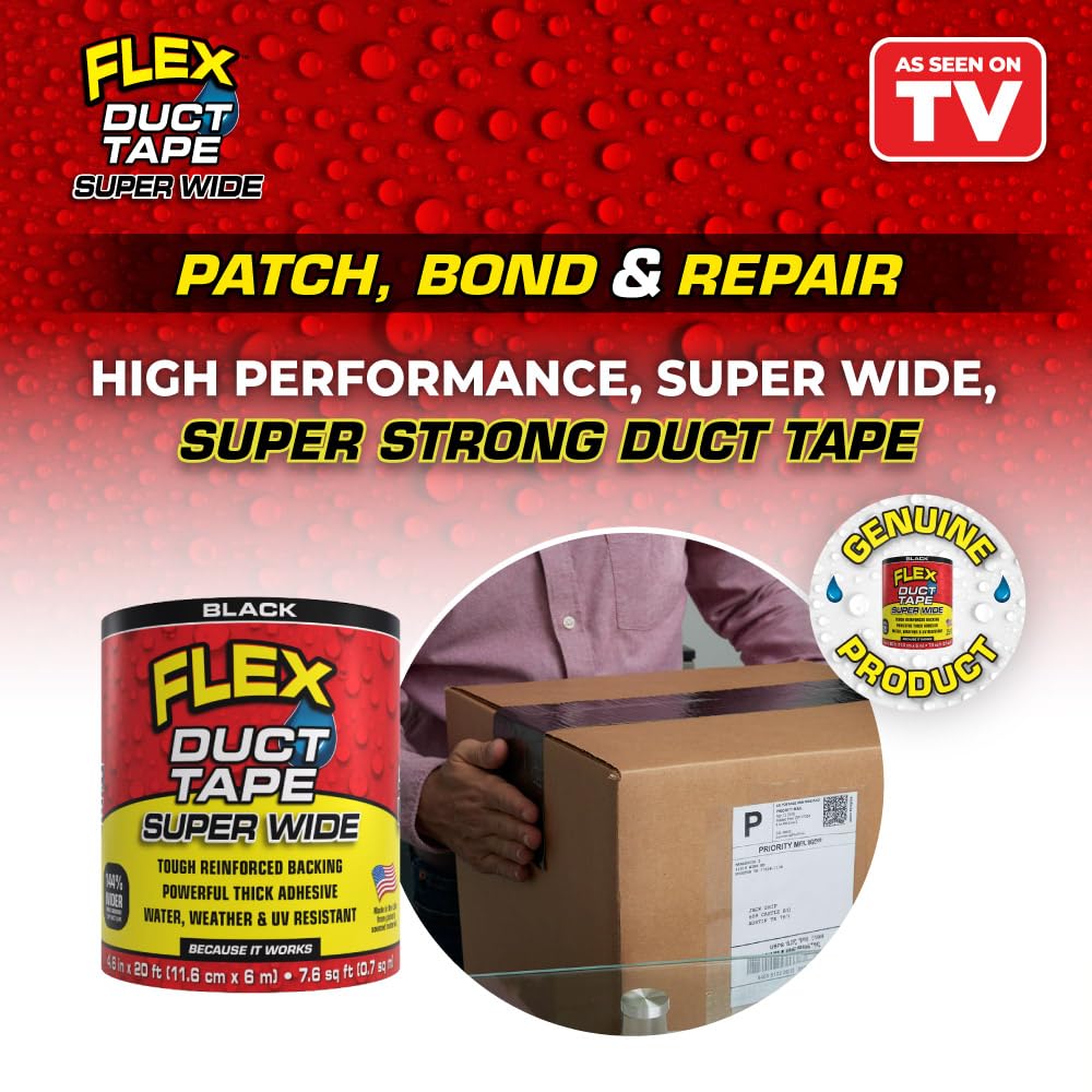 Flex Duct Tape, Super Wide, 4.6 Inches x 20 Feet, Black, Heavy Duty Strong, Multi-Surface Tape
