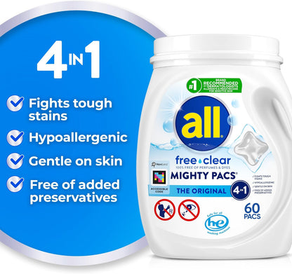 All Mighty Pacs Laundry Detergent, Free Clear for Sensitive Skin, Tub, 60's 1.12kg