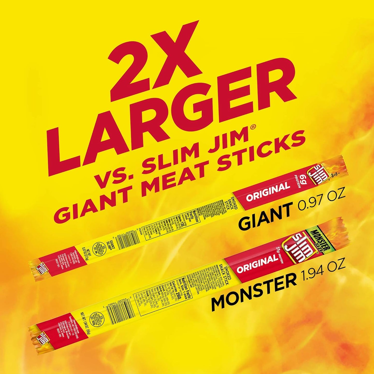 Slim Jim Monster Smoked Meat Sticks, Original Flavor, High Protein, 1.94 oz