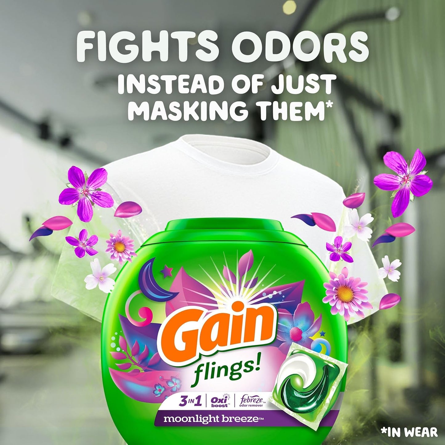 Gain Flings Laundry Detergent Soap Pacs, 3-in-1 Oxi Boost and Febreze, Moonlight Breeze Scent, 60 Count