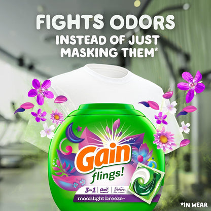 Gain Flings Laundry Detergent Soap Pacs, 3-in-1 Oxi Boost and Febreze, Moonlight Breeze Scent, 60 Count