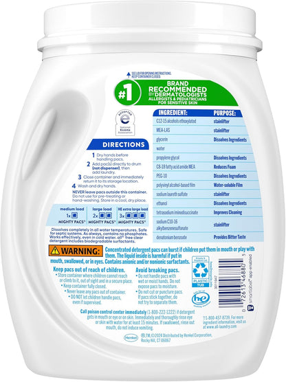 All Mighty Pacs Laundry Detergent, Free Clear for Sensitive Skin, Tub, 60's 1.12kg