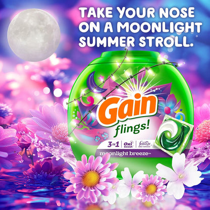 Gain Flings Laundry Detergent Soap Pacs, 3-in-1 Oxi Boost and Febreze, Moonlight Breeze Scent, 60 Count