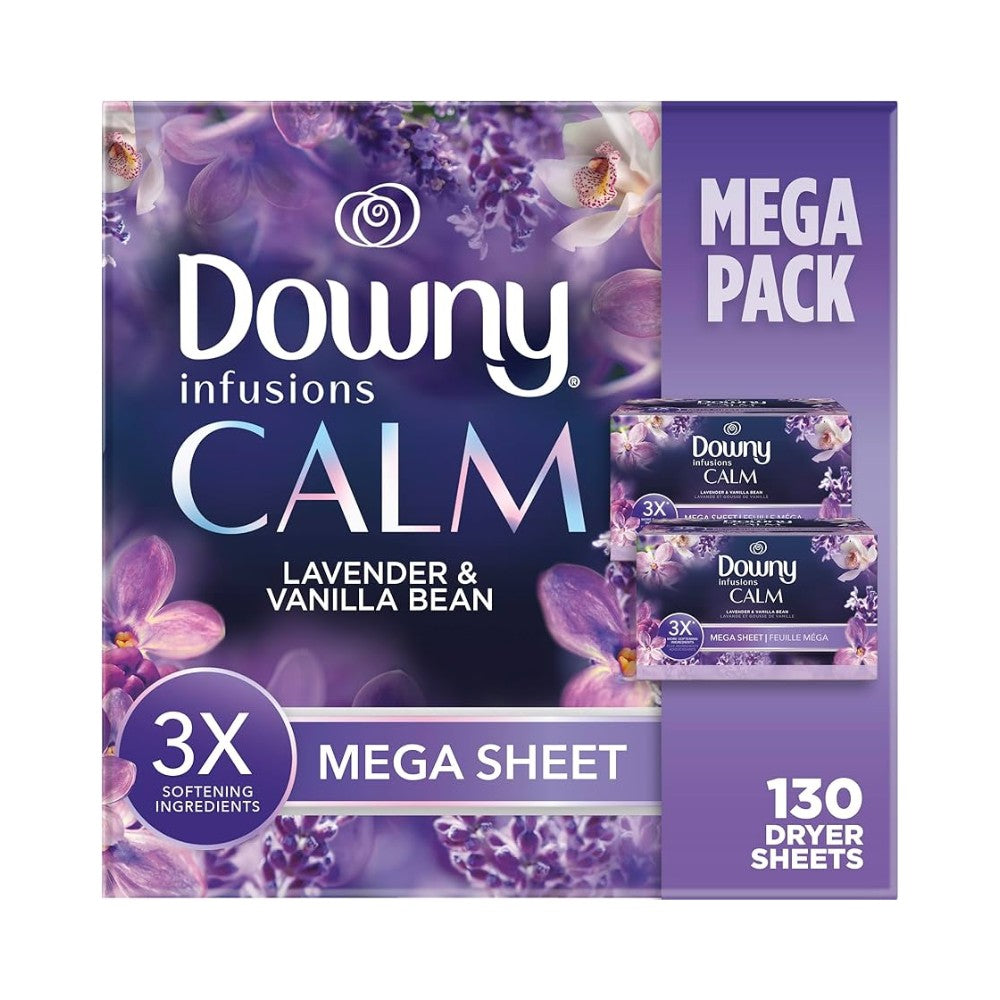 Downy Infusions Mega Dryer Sheets, Laundry Fabric Softener, CALM, Lavender and Vanilla Bean, 130 Count