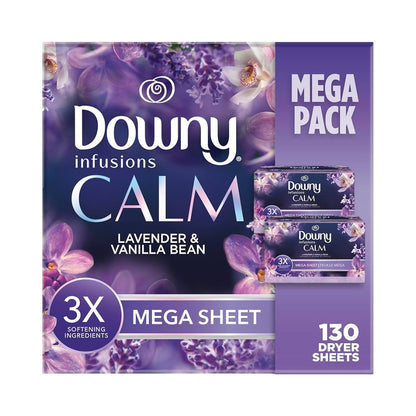 Downy Infusions Mega Dryer Sheets, Laundry Fabric Softener, CALM, Lavender and Vanilla Bean, 130 Count