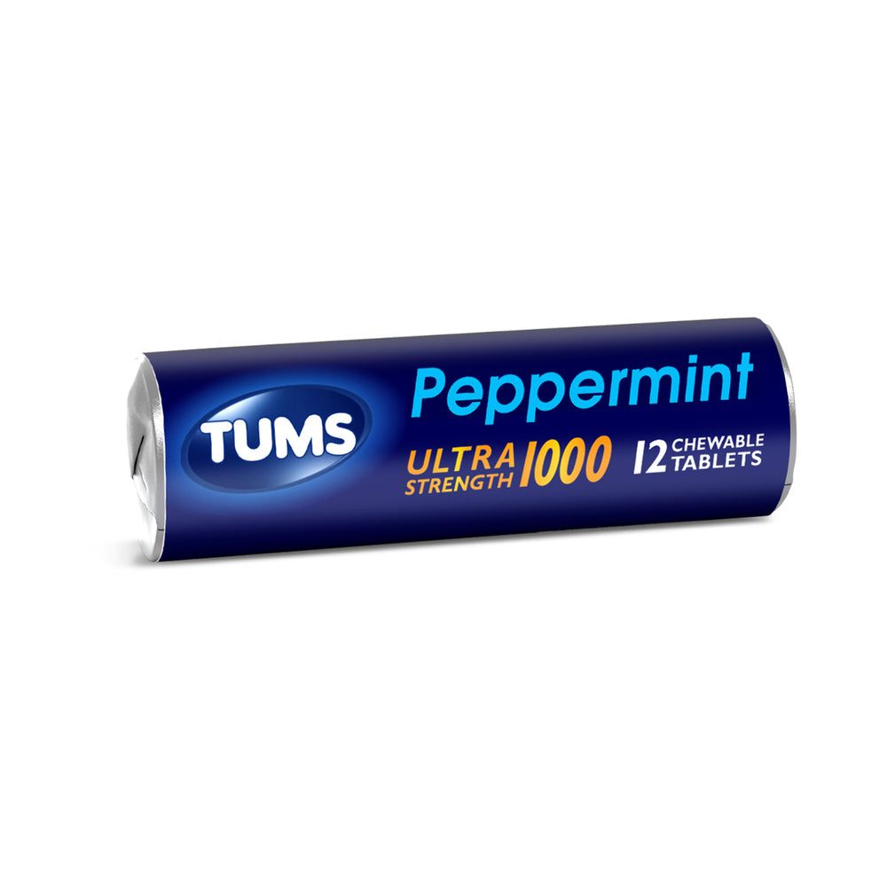 TUMS Antacid Peppermint Ultra Strength 1000 Chewable Antacid Tablets for Heartburn Relief, Peppermint 12 CT