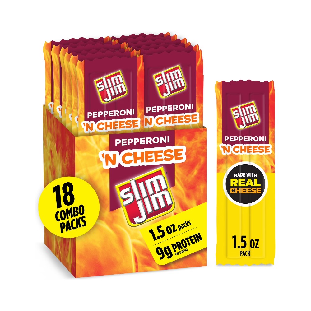 Slim Jim Beef Pepperoni 'N Cheese Smoked Meat Sticks, 10g Protein Per Serving, 1.5oz (42g) Pack of 18