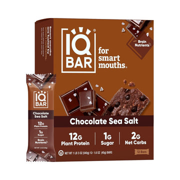IQBAR Brain and Body Plant Protein Bars I Chocolate Sea Salt I Low Sugar Keto Energy Bar I 12g Protein
