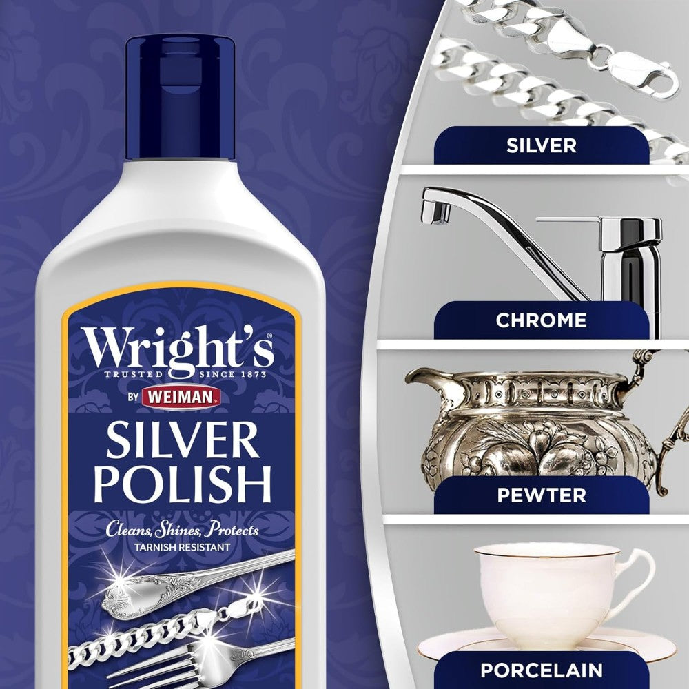 Wright's Anti Tarnish Silver Polish 7oz (207ml) Use on Silver, Jewelry, Antique Silver, Gold, Brass, Copper and Aluminum