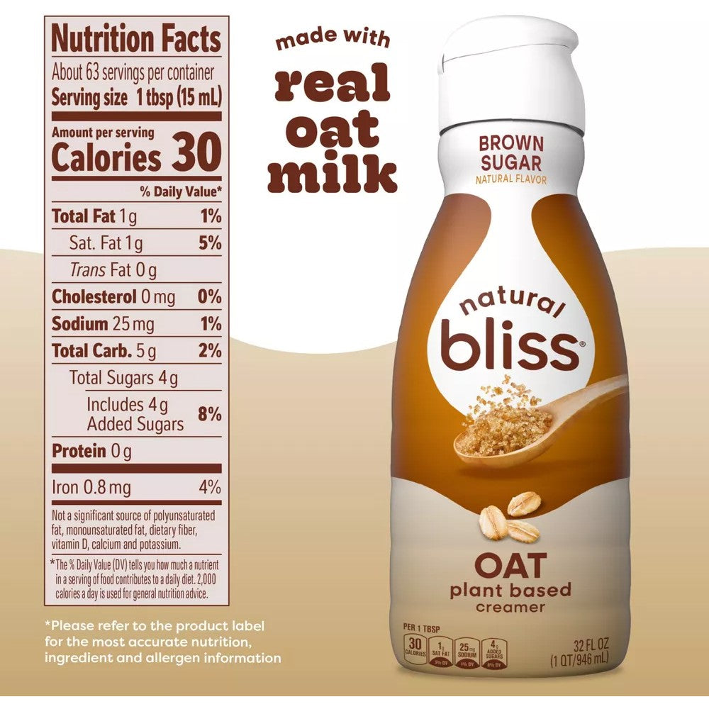 Natural Bliss Brown Sugar Non Dairy Oat Milk Coffee Creamer 32oz (946ml)