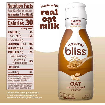 Natural Bliss Brown Sugar Non Dairy Oat Milk Coffee Creamer 32oz (946ml)