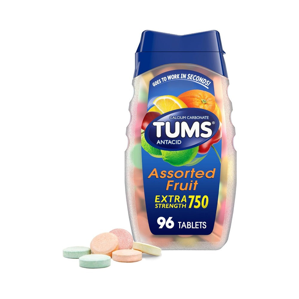 TUMS Antacid Chewable Tablets, Extra Strength for Heartburn Relief, Assorted Fruit, 96 count