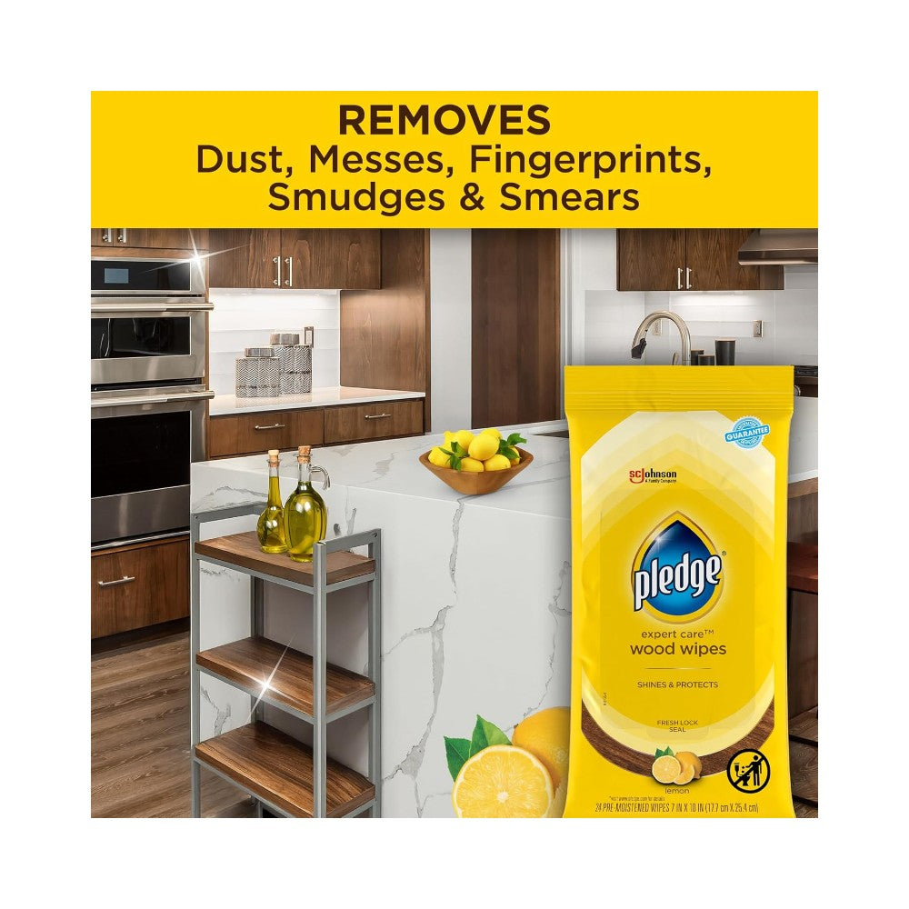 Pledge Expert Care Wood Wipes Lemon Scented 24's