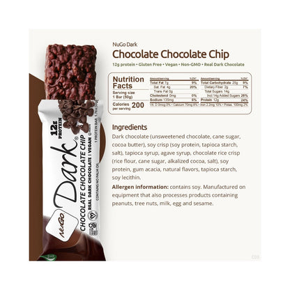 NuGo Dark - Chocolate Chocolate Chip Protein Bar 1.76oz (50g) - Pack of 12