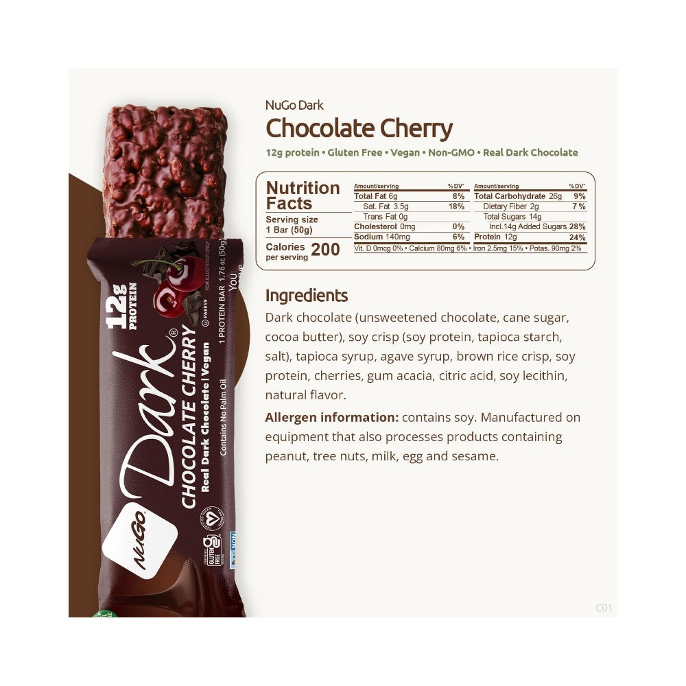 NuGo Dark - Chocolate Cherry Protein Bar 1.76oz (50g) - Pack of 12