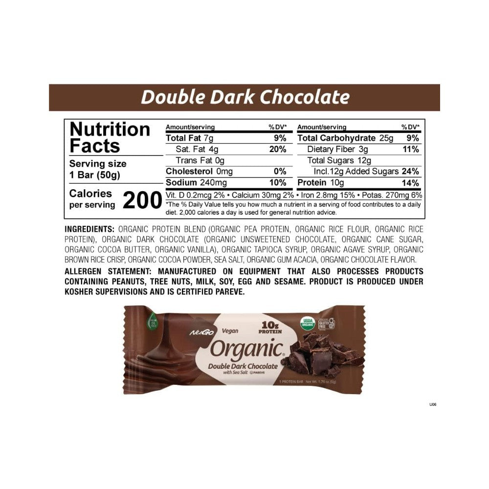 NuGo Organic - Double Dark Chocolate Protein Bar 1.76 oz (50g) - Pack of 12