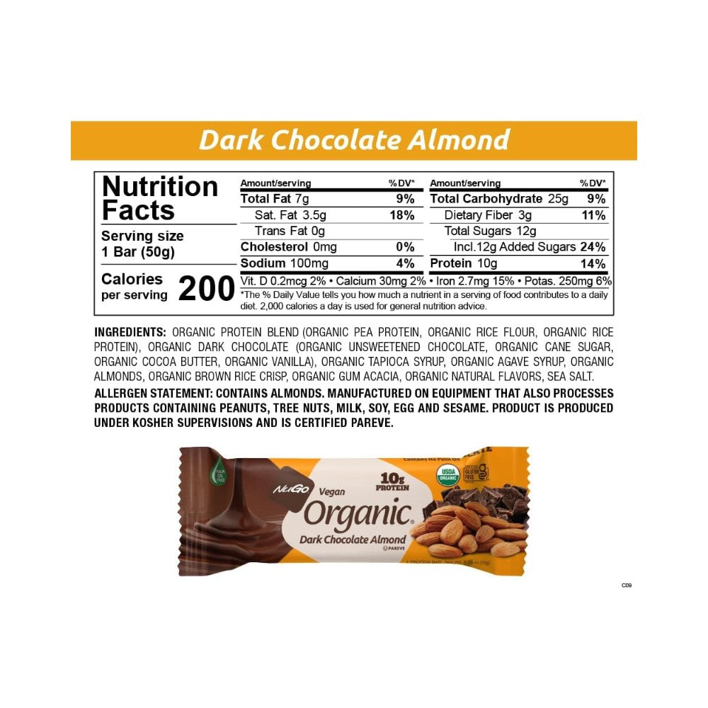 NuGo Organic - Dark Chocolate Almond Protein Bar 1.76 oz (50g) - Pack of 12