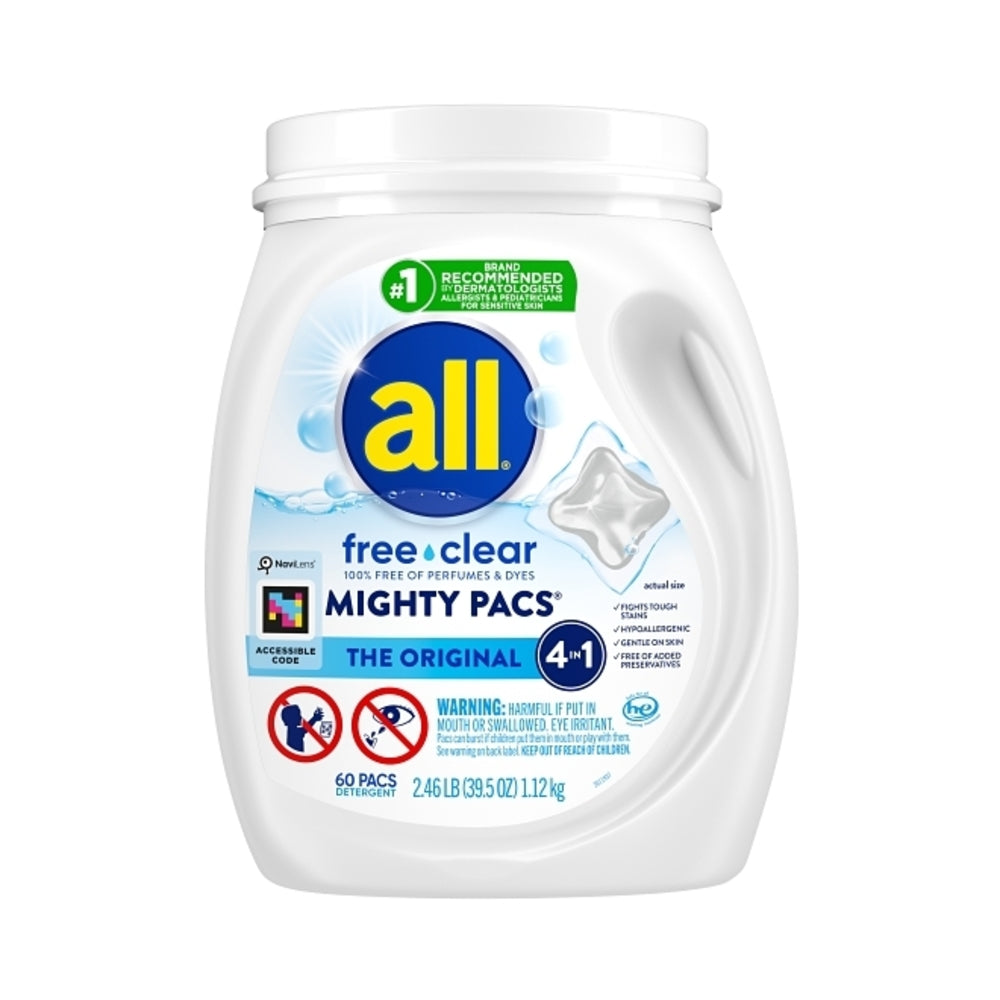 All Mighty Pacs Laundry Detergent, Free Clear for Sensitive Skin, Tub, 60's 1.12kg