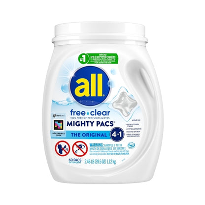 All Mighty Pacs Laundry Detergent, Free Clear for Sensitive Skin, Tub, 60's 1.12kg